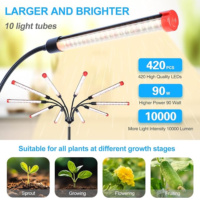 10-Head Grow Lights for Indoor Plants with Stand 90W, LED Plant Grow Light for Tall Houseplants, Bonsai Tree, Full Spectrum Growing Lamp with 4,8,12 Hr Timer, 24"-64" Adjustable Height