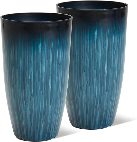 Worth Garden 23.5" H. Large Plastic Planters - Set of 2 Gradient Blue Glossy Smooth Finish - Tall Plant Pots for Indoor & Outdoor Use - Decorative Lightweight Flower Pots for Front Porch, Patio, Deck