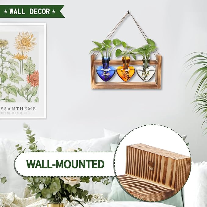 Plant Terrarium Propagation Stations Faith Hope Love Hydroponics Home Garden Decoration Gift for Women with Wooden Stand Heart Shaped Colored Glass Vase