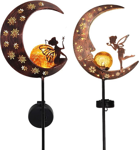 TERESA'S COLLECTIONS 2pcs Fairy Moon Lights Solar for Garden Decor Outside, Metal Yard Art Lawn Ornaments with Crackle Glass Ball, Angel Decorative Stake for Patio Porch Decor, Gifts for Grandma Mom