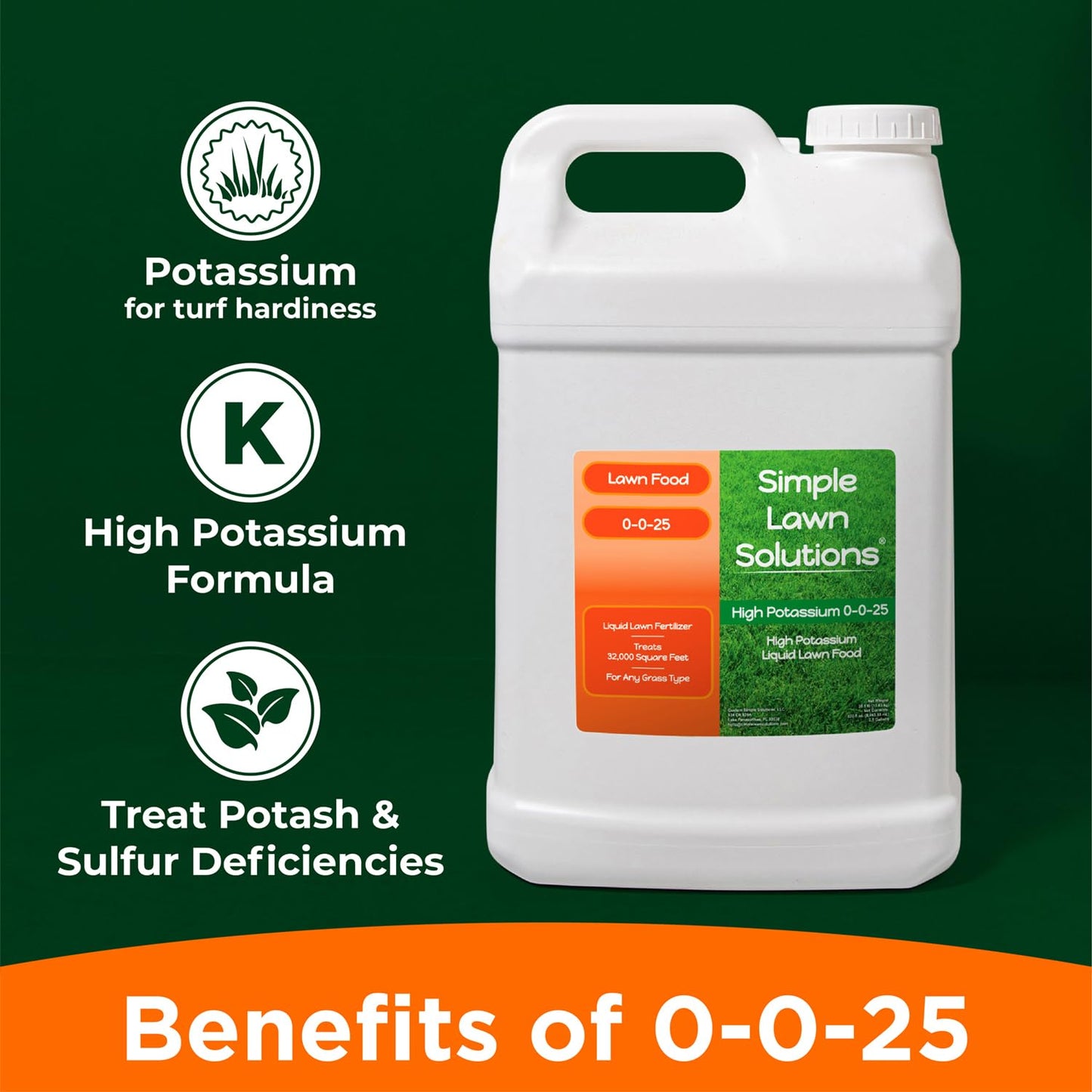 Simple Lawn Solutions - High Potassium Lawn Food Liquid Fertilizer 0-0-25 - Concentrated Spray - Turf Grass Vigor and Plant Hardiness - Summer and Fall - Any Grass Type (2.5 Gallon)