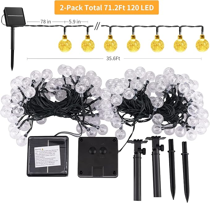 Solar String Lights Outdoor Waterproof, 2 Pack 60 LED 36.5 FT Each, Crystal Globe Lights with 8 Lighting Modes, Solar Powered Patio Lights for Garden Yard Porch Wedding Party Decor (Warm White)