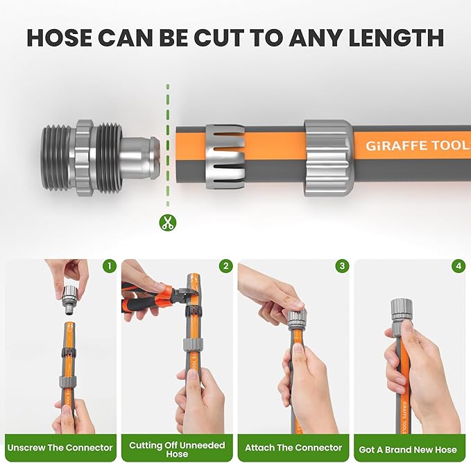 Giraffe Tools Garden Hose 75FT, 5/8" Lightweight Lay Flat Water Hose, Custom Length, Flexible, Leakproof Hybrid Hose Pipe with Male to Female Fitting