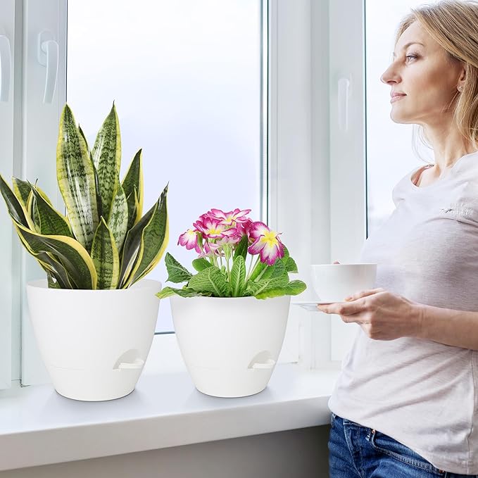 Plant Pots 10/9/8/7.5/7 Inch Self Watering Pots, Set of 5 Plastic Planters with Drainage Holes and Saucers,Plastic Flower Pots,Nursery Planting Pot for Indoor Out Door Plants(Pure White)