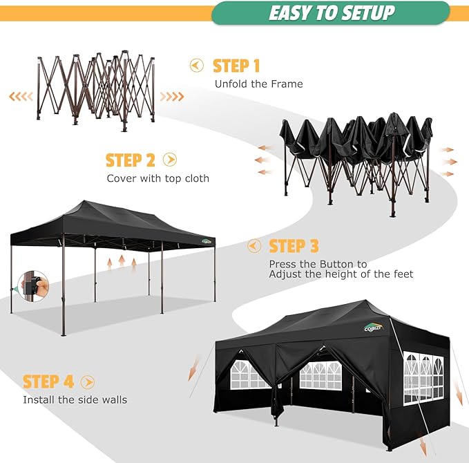 COBIZI 10x20 Pop Up Canopy Heavy Duty with 6 Sidewalls, Commercial Heavy Duty Pop Up Tent for Parties All Weather Waterproof and UV 50+ Wedding Tent with Roller Bag(Legs Upgraded),Black