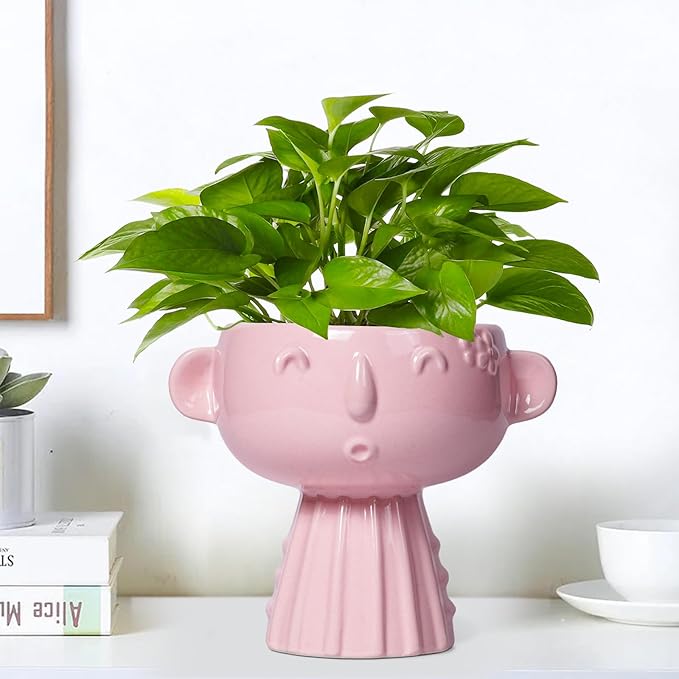 Face Pots for Plants - 7 Inch Ceramic Face Planters Pots Head for Indoor Outdoor, Small Funny Succulent Planters with Drainage Hole, House Room Apartment Decor, Gifts for Women, Bright Pink
