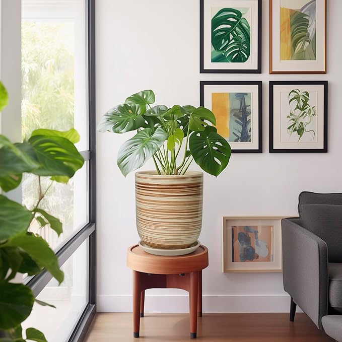 Ceramic Planter 10 Inch - Ceramic Pots for Indoor Plants Outdoor Large Plant Pot with Drainage Hole and Saucer Cylinder Flower Pot Yellow