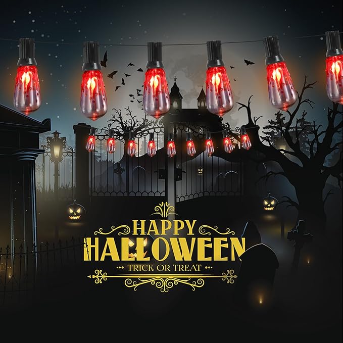 10FT Halloween String Lights Outdoor with 11 ST40 Flame Bulbs (1 Spare), Plug in Halloween Flaming Blood Drop Light Strings UL Listed for Patio, Backyard, Halloween, Party Decoration, E17 Base