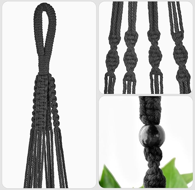 Mkono 43 Inch Macrame Plant Hanger Large for up to 12 Inch Pot Extra Long Hanging Plant Holder No Tassels Hanging Planter Basket with Wood Beads for Indoor Outdoor Boho Home Decor, Black
