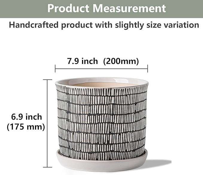 8 Inch Plant Pot: Ceramic Planter with Drainage Hole & Saucer - Cylinder Flowerpot for Indoor & Outdoor Plants - with Separate Tray for Home & Office - Striped Design