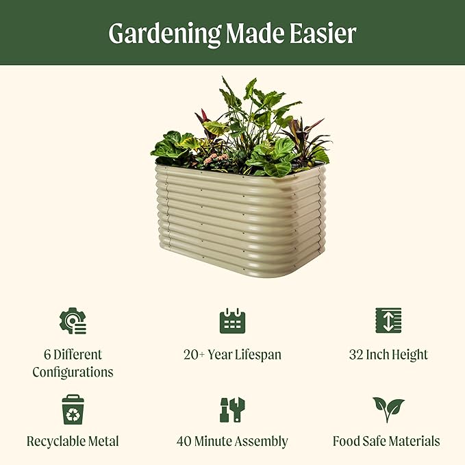 Vego garden 32" Extra Tall Raised Garden Bed Kits, 6 in 1 Modular Raised Planter Box for Vegetables Flowers Fruits Oval Metal Raised Garden-Olive Green