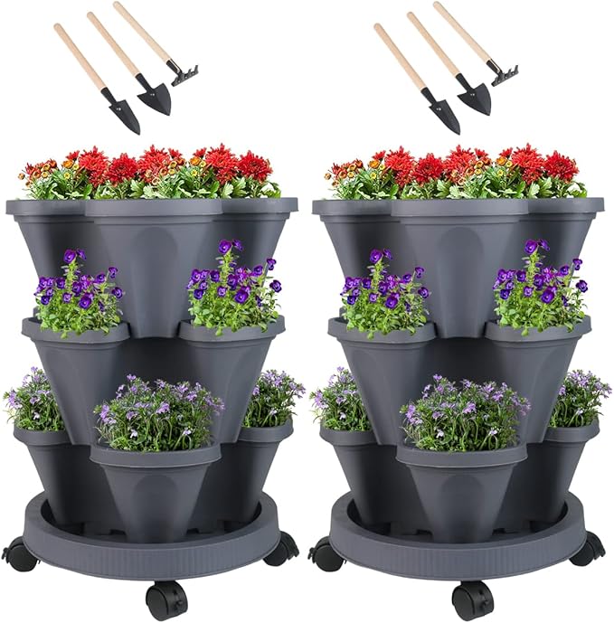 Vertical Planter 3 Tier Stackable Planters Garden Planters Strawberry Herb Flower and Vegetable Planter Indoor Outdoor Gardening Pots with Removable Wheels and Tools