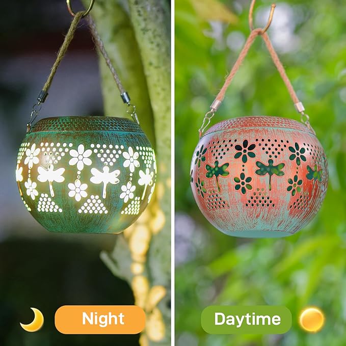 Starsoul 2 Pack Solar Lanterns Waterproof Outdoor, Dragonfly Hollow Out Metal Decoractive Hanging Solar Lantern Lights for Outside Garden Yard Porch Tabletop Patio Decor, Gardening Gifts for Women Mom