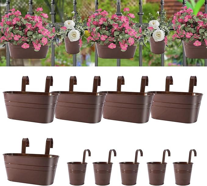 Metal Iron Flower Pots for Railing Fence Hanging Bucket Pots(5 Pcs) and Hanging Flower Pots Metal Iron Bucket Planter(10 Pcs) (Bronze)