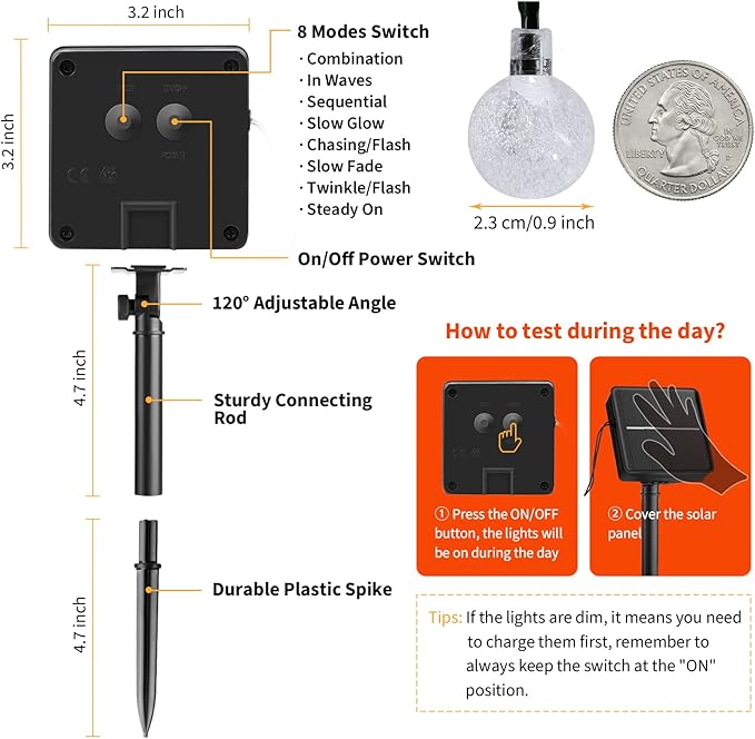 Solar Halloween String Lights Outdoor 60 LED 36 Feet Crystal Globe String Lights with 8 Lighting Modes, Waterproof Solar Powered Patio Lights for Garden Yard Porch Decor (Orange)