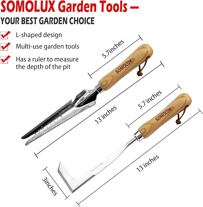 SOMOLUX Gardening Hand Weeder Tool Set, Multifunctional Garden Tools Stainless Steel with Wooden Handle for Garden Lawn Yard Planting Digging Measuring Pruning Cutting 2 Pack