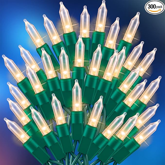 Ultra-Bright Connects End to End Warm White Christmas Mini Light 300L 63.8Ft(2Sets-Each 150L)UL Listed Incandescent Bulb String Light for Indoor Outdoor Holiday Garden Christmas Tree Decor
