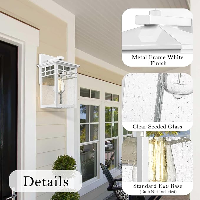 Outdoor Light Fixture Wall Mount, Rustic Exterior Lights Fixture Wall Sconces with Seeded Glass for Front Porch, Waterproof Outdoor Lantern in White Finish for Home, Garage, Barn, Storefront