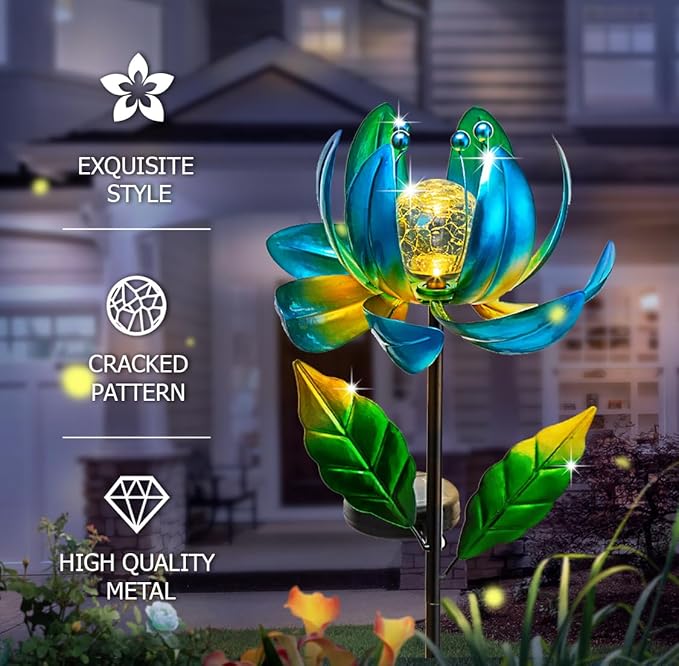 Solar Yard Lights Wind Spinners- Metal Lotus Flower Garden Decor LED Crackle Glass Globe Yard Art Sculpture Solar Stake Lights for Patio Pathway Lawn Walkway