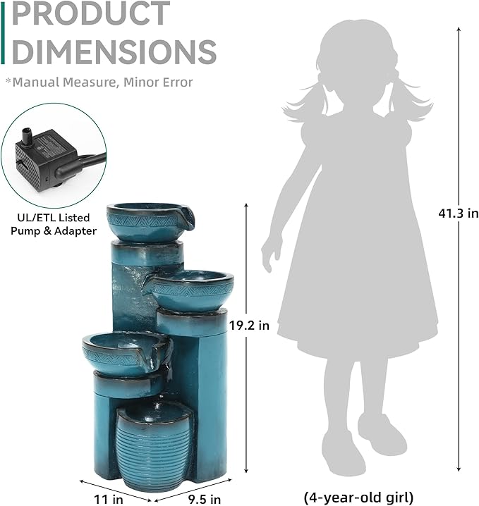 Autodaya 19.3" H Pedestal Outdoor Water Fountain with LED Lights and Pump, 4-Tier Cascading Water Feature, Tranuil Waterfall for Relaxing Garden, Patio, Yard, or Porch, Turquoise, Faux Ceramic Finish