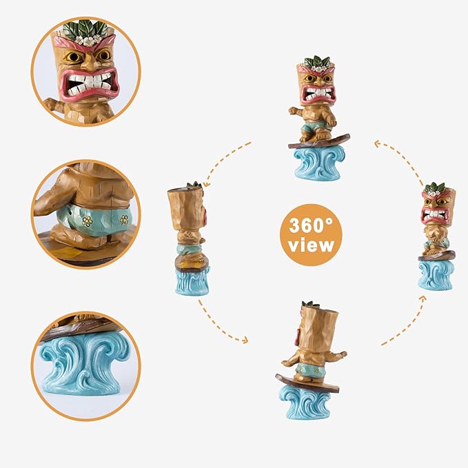 Solar Tiki Statue Outdoor Decor-Tiki Bar Decor-Garden Tiki Surfing Statues Waterproof Decoration Figurine for Tiki Bar,Patio,Balcony,Yard,Lawn,Table,Desk 9.92 Inches Tall
