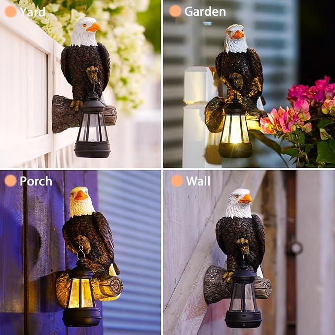 Eagle Tree Hugger with Solar Lantern - 8 Inch Resin Eagle Statue for Outdoor Garden Decor - Ideal Eagle Housewarming & Birthday Gifts for Grandma Mom Women