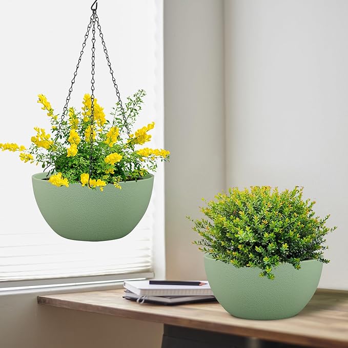12 inch Large Hanging Planters Plant Pots for Indoor Outdoor Plants, 2 Pack Hanging Flower Pots with Drainage Holes and Chain for Garden Porch, Plastic Hanging Baskets for House Plants, Green