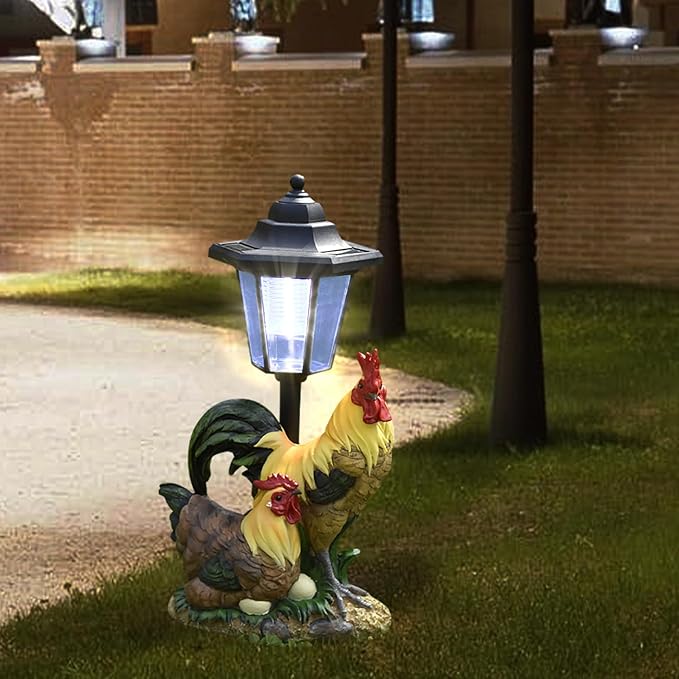 Solar Garden Outdoor Statues Rooster Hen Couple with Light, Outside-Outdoor Decorations Chicken Sculptures for Patio Yard Lawn Walkway Ornaments Clearance Gifts for Mom Grandma Birthday