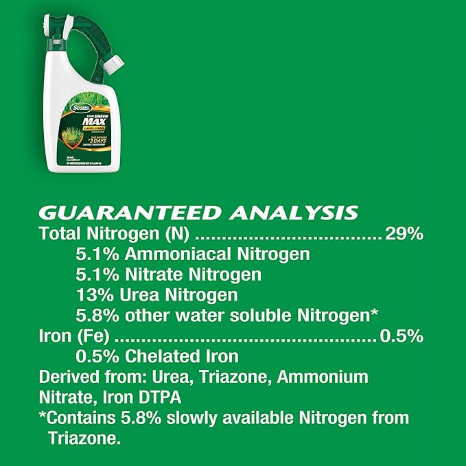 Scotts Liquid Green Max Lawn Food: 2,000 sq. ft., 2-in-1 Fertilizer and Iron Supplement, Use on Any Grass Type, 32 oz.