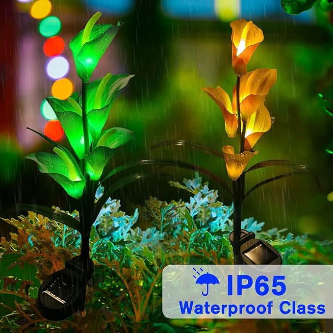 Veesee Solar Calla Lily Light, 2-Pack Solar Powered Flower Lights, Outdoor Multi-Color Changing Stake Lamp, Christmas Gift LED Yellow Calla Lily Lights for Garden Outdoor Landscape Lawn Yard