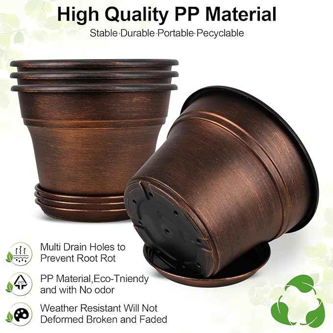 10 Inch Planters Plant Pots Indoor Outdoor, 4 Pack Plastic Flower Pot for Indoor Plants with Drainage Holes & Trays, Resin Decorative Container Sets with Saucer for House Garden Copper