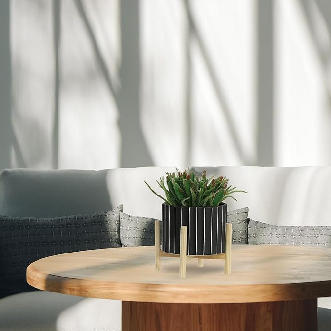 Sagebrook Home 8" Ceramic Planter - Black Planter Elevated on Wooden Stand with Fluted Design - for Indoor or Outdoor Plants, Great Gift Idea for Plant Lovers