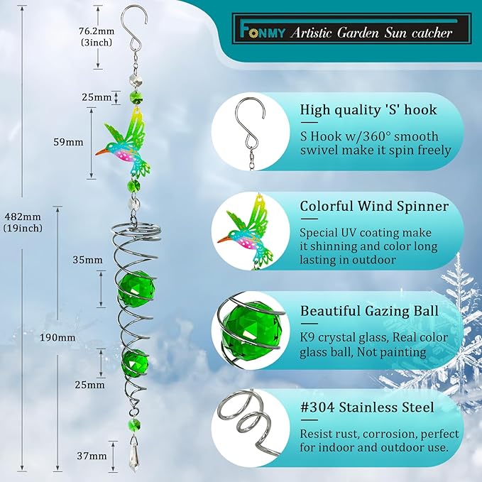 FONMY Hummingbird Gazing Ball Spiral Wind Spinner Sun Catcher Rainbow Maker Silver Spiral W/ K9 Green Crystal Ball Tree Hanging Ornament Indoor Outdoor Garden Decor. -19.5inch H