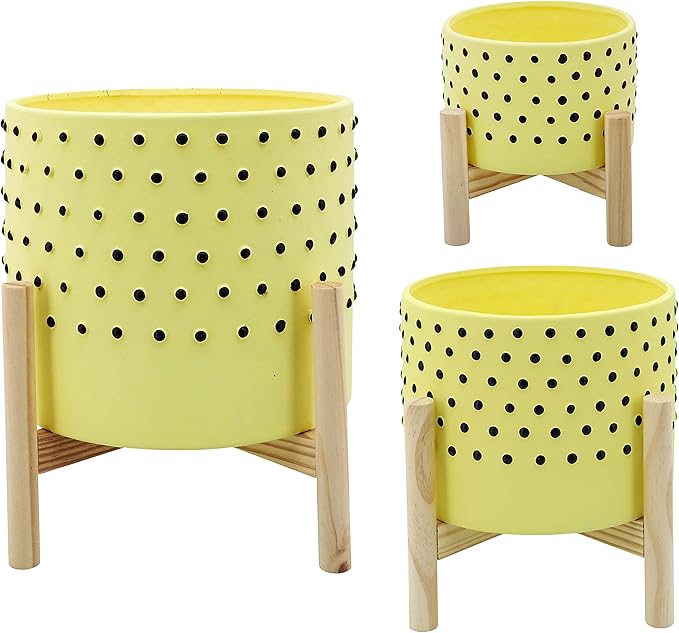 Sagebrook Home 8" Planter on Stand - Ceramic Planter on Wooden Base - Contemporary Yellow and Black Dotted Design Indoor or Outdoor Plant Stand Decor