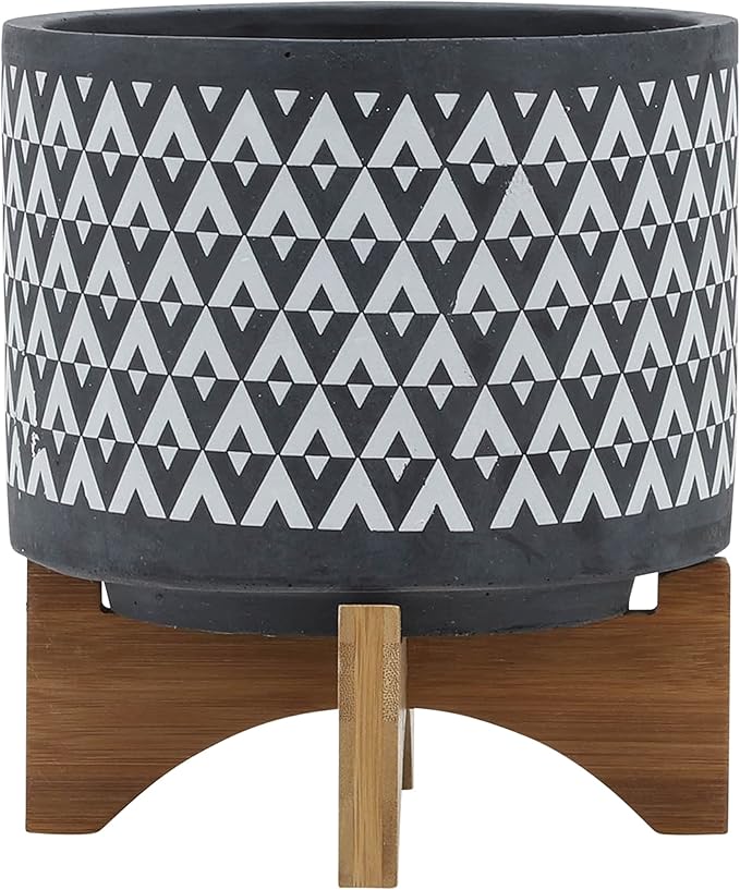 Sagebook Home 9" H 8" Diameter Dark Gray and Ivory Aztec Design Ceramic Planter with Solid Rubberwood Stand for Living Room, Bedroom, or Office