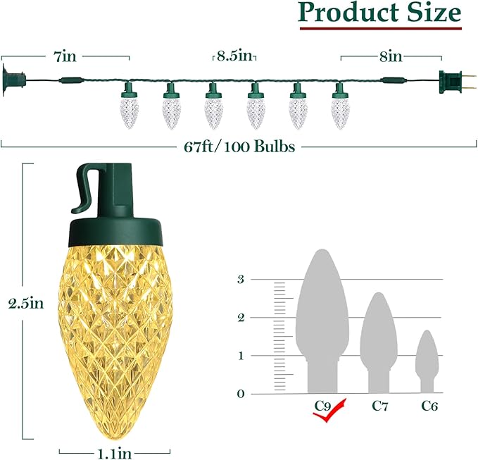 C9 LED Christmas Lights, 67FT 100 Bulbs Outdoor Christmas Decorations for House Waterproof String Lights Extendable Green Wire Fairy Lights for Patio Xmas Garden Party Wedding Indoor Warm White