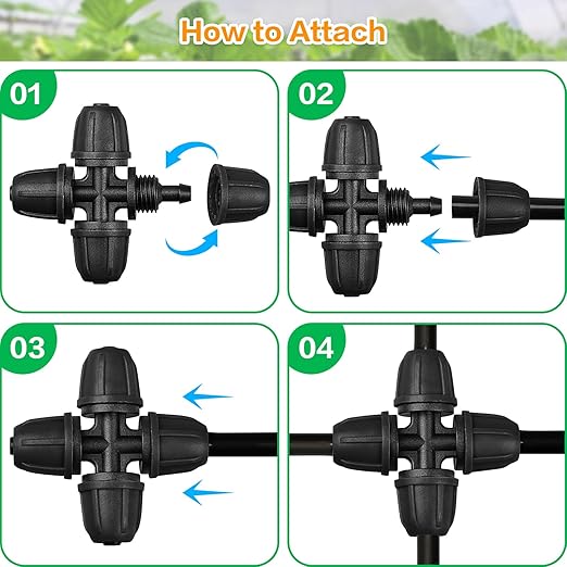 Upgraded 1/4" Drip Irrigation Cross Fittings：24 Pieces Leak Free Lock Barbed 4 Way Tee Connectors for 1/4 Inch Irrigation Tubing Quick Connect Parts for Garden Landscape System