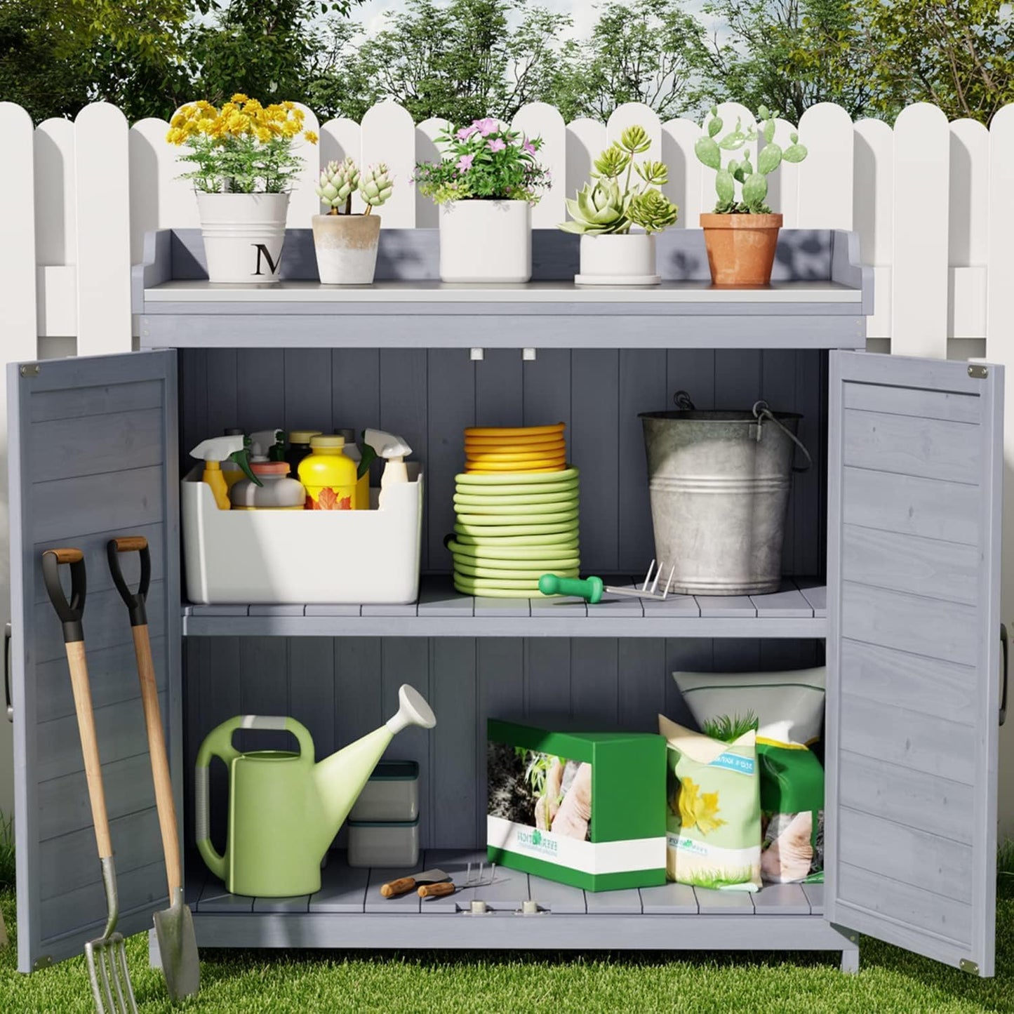 Gizoon Outdoor Potting Bench with Metal Tabletop, Outdoor Garden Patio Wooden Storage Cabinet with Adjustable Shelf, Double Doors Garden Work Bench for Backyard, Patio, Lawn - Grey