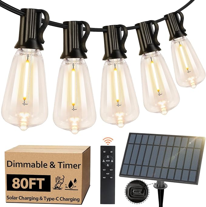 Bosceos Solar Outdoor String Lights Waterproof, 80FT Solar Powered String Lights for Outside with Shatterproof Bulbs, Dimmable ST38 LED Lights String, Patio Hanging Lights for Backyard Garden Party