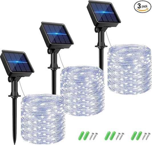 kolpop Solar Fairy Lights for Outside Waterproof, 3 Pack 32FT 80LED Solar Powered String Light Outdoor, 8 Modes Copper Wire Solar Twinkle Lighting for Tree Garden Yard Christmas(Cool White)