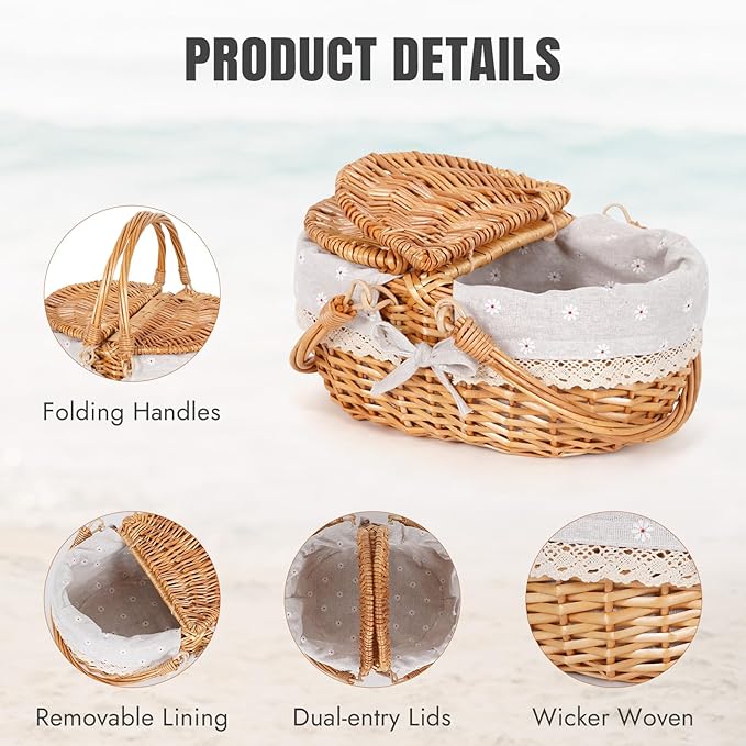 Happypicnic 12" Picnic Basket - Small Wicker Basket with Foldable Handle Lid & Removable Liner | Cute Picnic Basket Toy Empty for Kids, Gift, Halloween, Christmas, Valentines, Easter, Birthday, Flower
