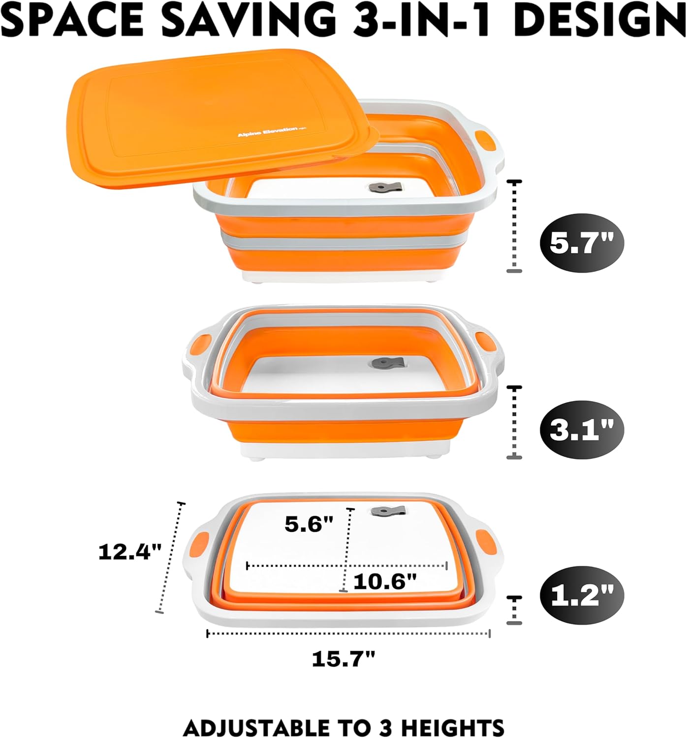 Collapsible Large (8L) BBQ Marinating Tub w/Cutting Board | Multipurpose Food-Grade TPE Prep Tub w/Lid | Built-in Colander & Drain Plug - for Camping | Tailgate | Picnic - Bold Orange