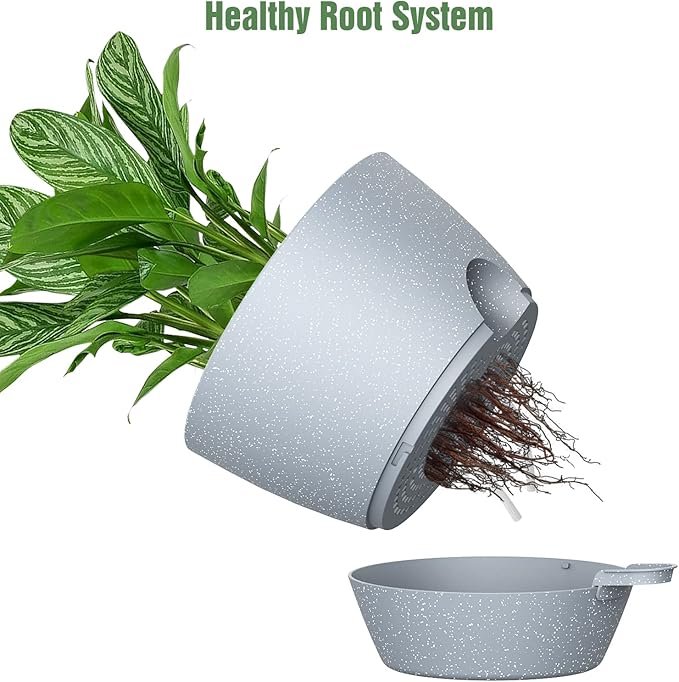 WOUSIWER 10 inch Self Watering Planters, 2 Pack Large Plastic Plant Pots with Deep Reservior and High Drainage Holes for Indoor Outdoor Plants and Flowers, Speckled Grey