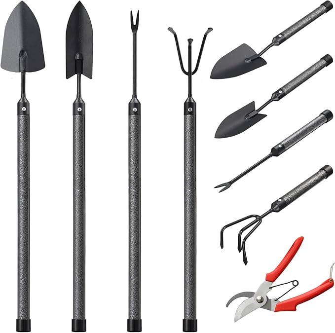 Garden Tool Set,5 Pieces Stainless Steel Heavy Duty Gardening Tool Set with Extendable Long Handle, Include Trowel, Cultivator, Hand Weeder, Pruning Shears, Gardening Gift for Women Kids Men