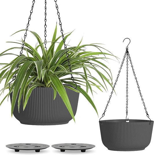 T4U 12 Inch Large Hanging Planters for Outdoor Plants, 2 Pack Self Watering Hanging Pots Indoor, Hanging Baskets for Plants,Hanging Flower Pot with Drainage Hole and Plant Hanger, Grey