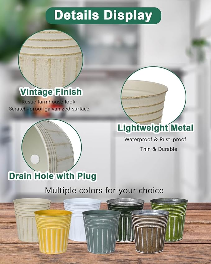 vensovo 6 Inch Brown Metal Rustic Flower Pots - 6Pcs Galvanized Planters with Drainage Hole and Rubber Plug, Rustproof Small Metal Bucket Plant Pots Farmhouse Vintage Style for Decor