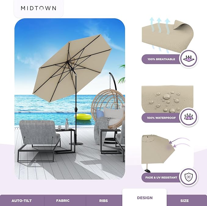 Midtown Umbrellas 10-Year-No-Fade - 9 Ft - UV Proof Beige Polyester Fabric - Umbrella Outdoor Patio, Auto-Tilt Aluminum Frame Patio Umbrella for Garden, Pool & Deck - Black Pole