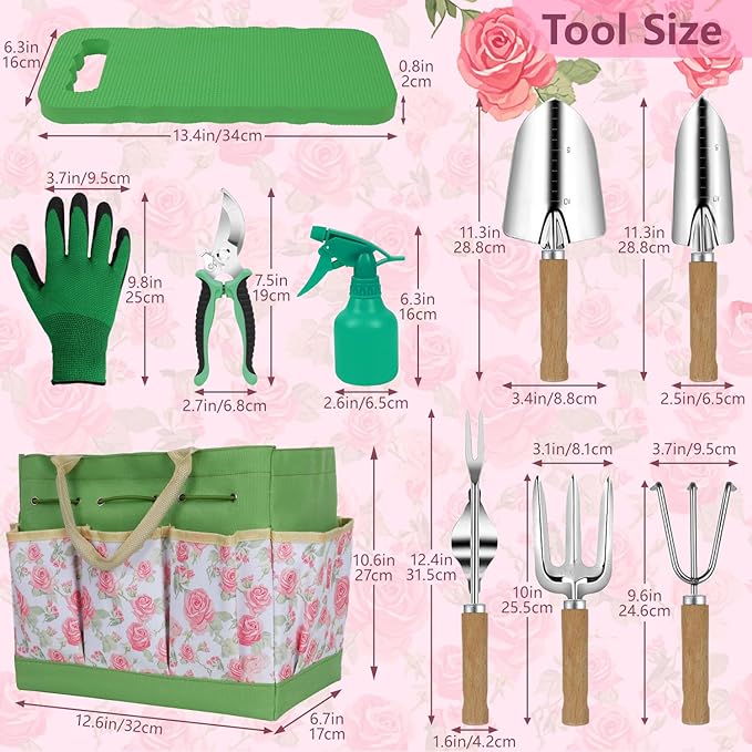 LeMotech Garden Tools Set, 10-Piece Heavy Duty Garden Hand Tools Kit with Wooden Handle, Durable Organizer Bag for Garden Supplies, Gardening Gifts for Women Grandmother, Pink Floral Pattern