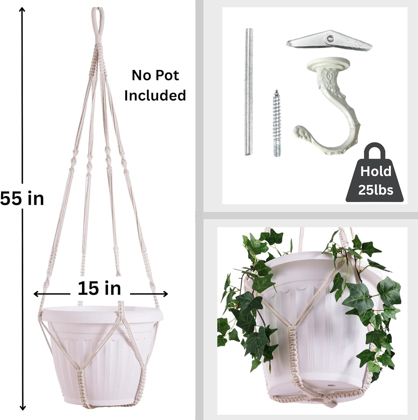 Giant XXL 55 Inches Macrame Planter Hanger Large for 15 inch Pot + Swag Hook | Extra Large Hanging Planter for Indoor Plants | No Pot/Plant Included (XXL)