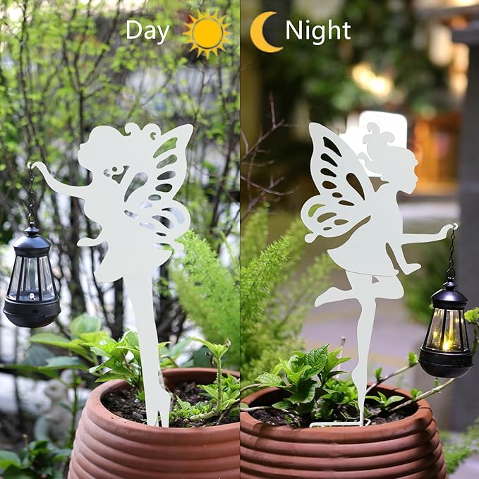 Solar-Garden-Lamp 2 Pack Metal Fairy Hanging Lanterns, Solar Outdoor Decorative Stake Ornaments for Lawn, Patio or Courtyard, White